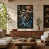 Lachs springt durch Bergfluss-Rapids - Buntes Metallschild