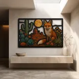 Red Fox among Cactus and Desert Wildflowers Colorful Metal Wall Art