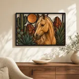 Palomino-Pferd mit Kaktus und Wüstenmond Farbige Metall-Wandkunst