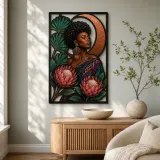 Colorful Afro Woman Metal Wall Art with Protea Flowers and Crescent Moon
