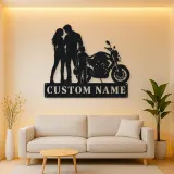 Personalized Motorcycle Family with Helmet Carrying Child Metal Wall Art