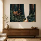 Reh-Paar am Bach im Redwood-Wald - Bunte Metall-Wandkunst