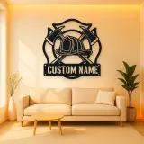 Personalized Firefighter Helmet Metal Wall Art with Crossed Axes