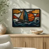 Sailboat on Rolling Ocean Waves at Sunset Colorful Metal Wall Art