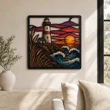 Coastal Lighthouse with Waves at Colorful Sunset Metal Wall Art
