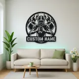 Personalized Football Player Crossed Balls Flame Metal Wall Art