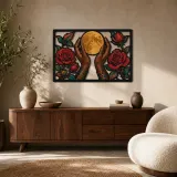 Manos Sosteniendo la Luna Llena entre Rosas Rojas Cartel de Metal Colorido