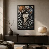 Siberian Husky in Snowy Mountains beneath Moon Colorful Metal Wall Art