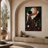 Afro Woman Playing Piano beneath Crescent Moon Colorful Metal Wall Art