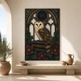 Barn Owl on Books in Gothic Window Colorful Metal Wall Art