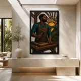 Carpenter with Hand Tools at Wooden Workbench Colorful Metal Wall Art