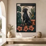 Black Great Dane with Tropical Leaves and Hibiscus Colorful Metal Wall Art