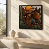 Cowboy with Bay Horse Cactus and Wildflowers Colorful Metal Wall Art