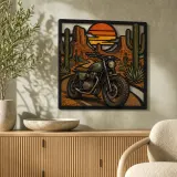 Scrambler Motorcycle on Desert Highway at Sunset Colorful Metal Wall Art