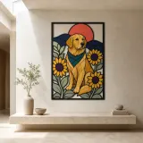 Golden Retriever with Sunflowers and Red Sun Colorful Metal Wall Art
