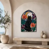 Black Cat with Tropical Flowers and Crescent Moon Colorful Metal Wall Art
