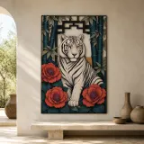White Tiger with Bamboo and Pink Peonies Colorful Metal Wall Art