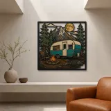 Retro Camper Trailer at Mountain Campfire Colorful Metal Wall Art
