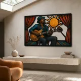 Blues Guitarist Performing beneath Radiant Sun Colorful Metal Wall Art
