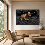 Texas Longhorn in Bluebonnet Field beneath Storm Clouds Colorful Metal Wall Art