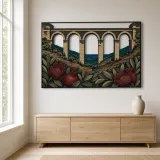 Historic Stone Aqueduct with Peonies and Mountain View Colorful Metal Wall Art