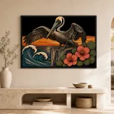 Pelican by Ocean Waves with Hibiscus Flowers Colorful Metal Wall Art