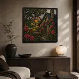 Stone Cottage Covered in Climbing Red Roses Colorful Metal Wall Art