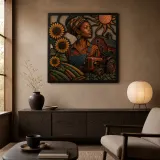 Black Woman Farmer with Tractor and Sunflowers Colorful Metal Wall Art