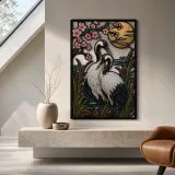 Japanese Crane beneath Cherry Blossoms and Moon Colorful Metal Wall Art