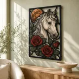 White Horse with Red Roses and Full Moon Colorful Metal Wall Art