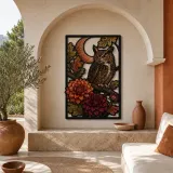 Great Horned Owl with Dahlias and Crescent Moon Colorful Metal Wall Art