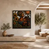 Black Woman Farmer with Tractor and Sunflowers Colorful Metal Wall Art