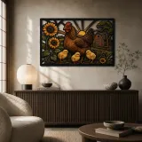 Hen and Chicks with Sunflowers by Barn Colorful Metal Wall Art