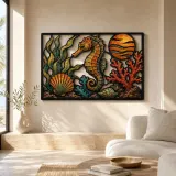 Seahorse with Shells Coral and Ocean Sunset Colorful Metal Wall Art