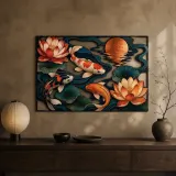 Colorful Koi Pond with Lotus Flowers and Moon Metal Wall Art