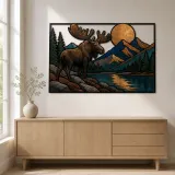 Moose beside Mountain Lake beneath Copper Moon Colorful Metal Wall Art