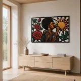 Afro Soul Singer with Roses and Radiant Sun Colorful Metal Wall Art