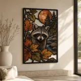 Raccoon in Autumn Forest under Copper Moon Colorful Metal Wall Art