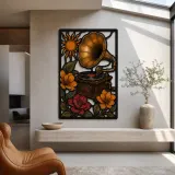 Vintage Gramophone with Colorful Flowers and Sun Metal Wall Art