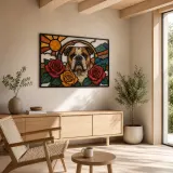 English Bulldog with Red and Golden Roses Colorful Metal Wall Art