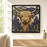 White Highland Cow with Lavender and Mountains Colorful Metal Wall Art