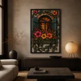 Cottage Window Box with Flowers and Lantern Colorful Metal Wall Art