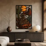 Rattlesnake with Cactus beneath Desert Sunset Colorful Metal Wall Art