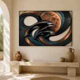 Orca Mother and Calf with Abstract Copper Moon Colorful Metal Wall Art