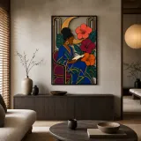 Black Woman Reading among Hibiscus and Moon Colorful Metal Wall Art