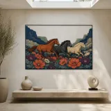 Three Wild Horses Running through Desert Flowers Colorful Metal Wall Art
