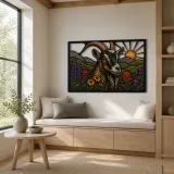 Goat with Mountain Wildflowers at Sunrise Colorful Metal Wall Art