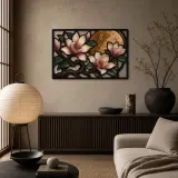 Magnolia Branch with Blossoms and Full Moon Colorful Metal Wall Art