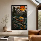 Vintage Seaplane on Mountain Lake at Sunset Colorful Metal Wall Art