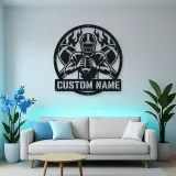 Personalized Football Player Crossed Balls Flame Metal Wall Art
